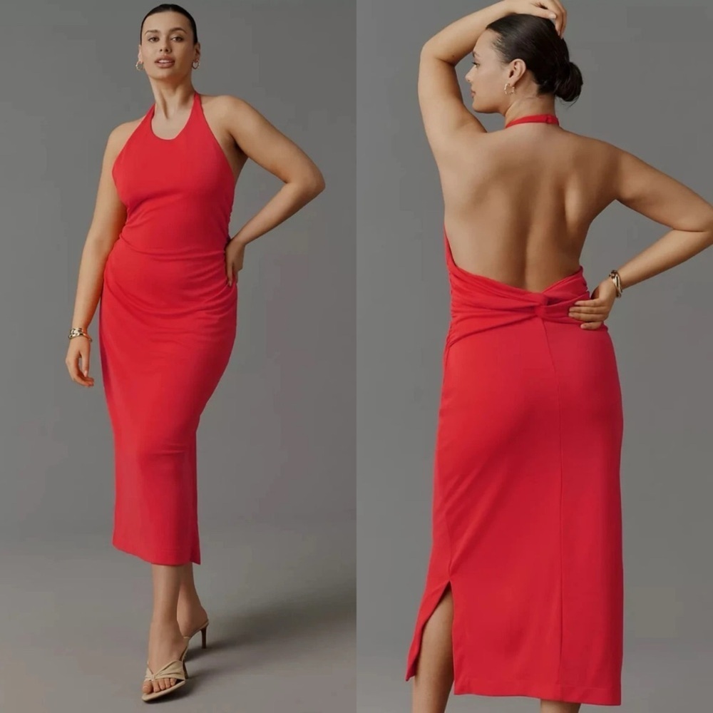 NWT Anthropologie Slinky Knit Halter Dress 1X Red Backless Cocktail Party Sheath